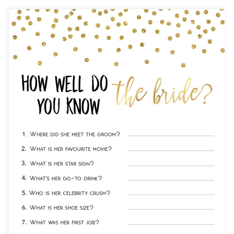 Do you Know the Bride Game Gold Foil | Printable Bridal Shower Games ...
