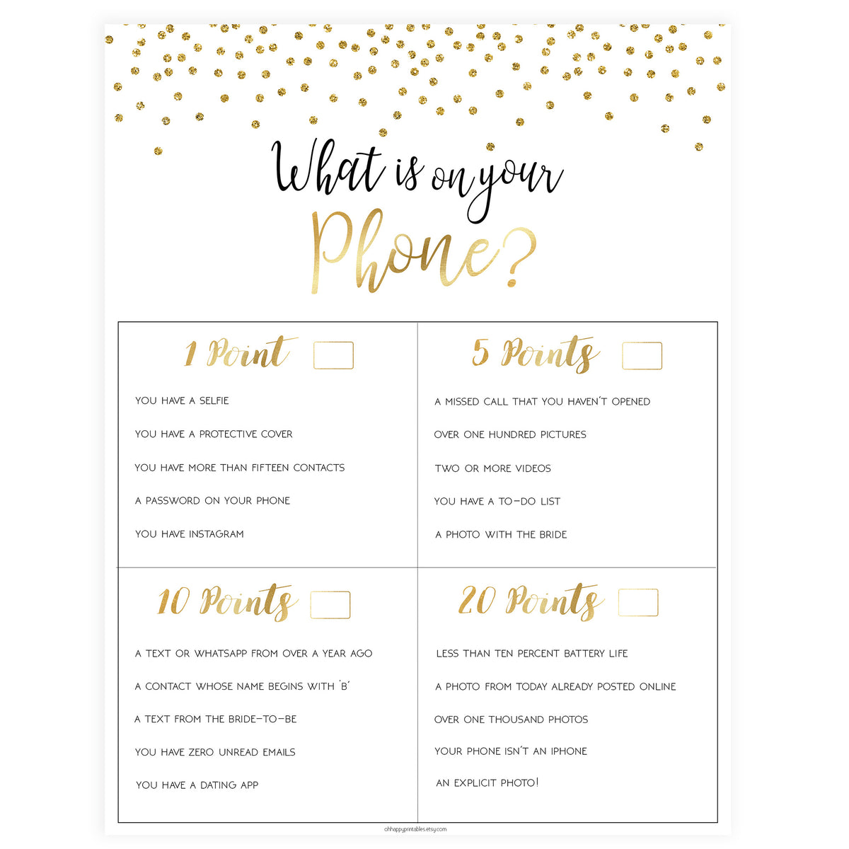 Gold What's on Your Phone Game | Shop Printable Bridal Shower Games