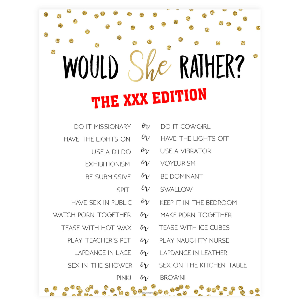 Xxx Would She Rather Game Printable Adult Bachelorette