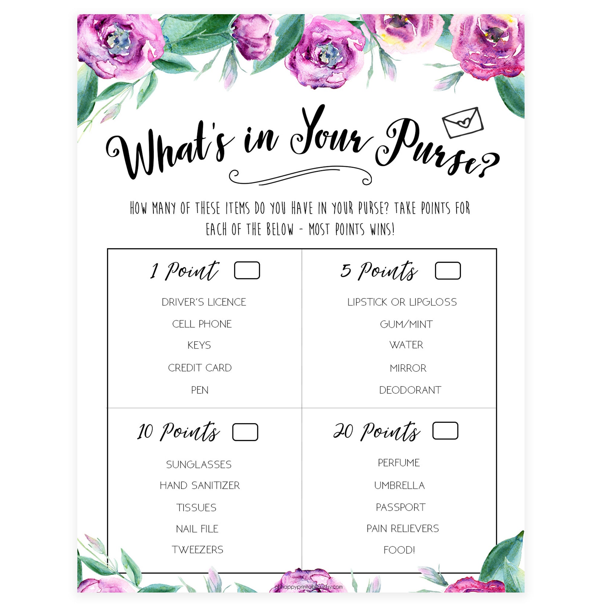 Whats in your Purse Game | Shop Printable Bridal Shower Games ...