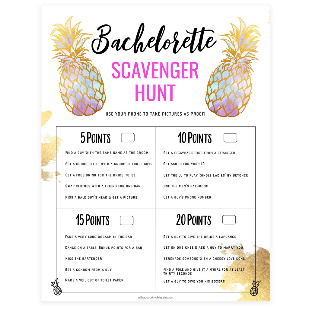 Bachelorette Scavenger Hunt Pineapple Bachelorette Party Games OhHappyPrintables
