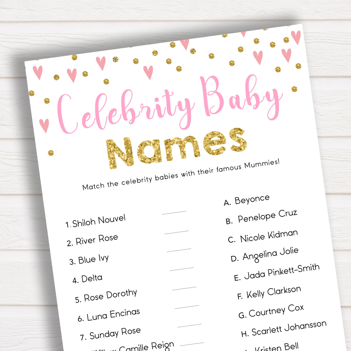 Printable Celebrity Baby Name Game - Pink & Gold ...