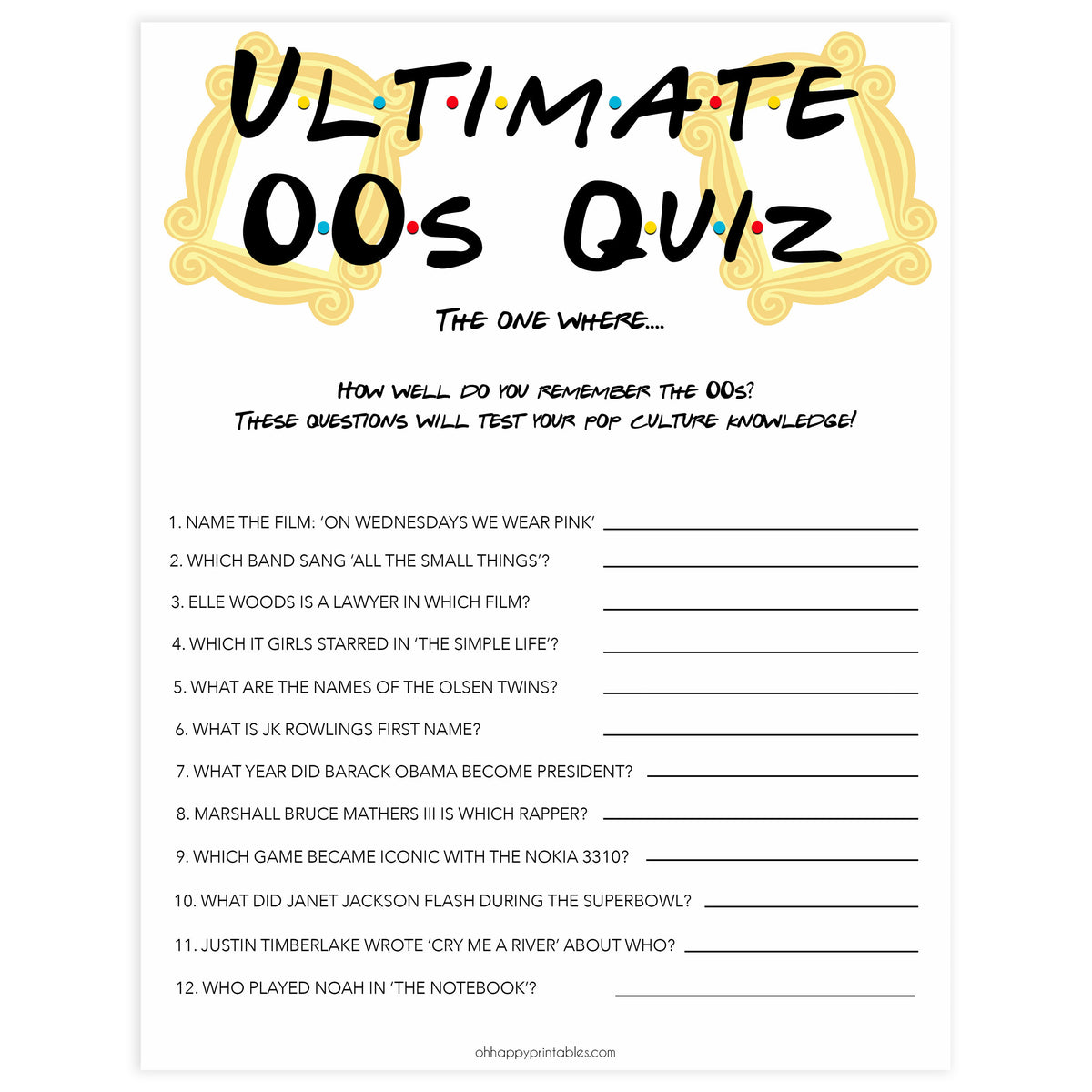 Ultimate 00s Quiz Bachelorette Game | Shop Printable Bridal Games ...