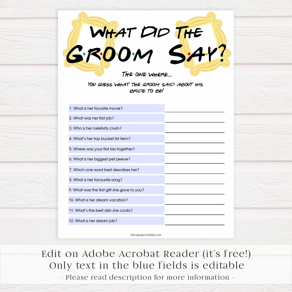 What Did the Groom Say Friends Printable Bridal Shower Games