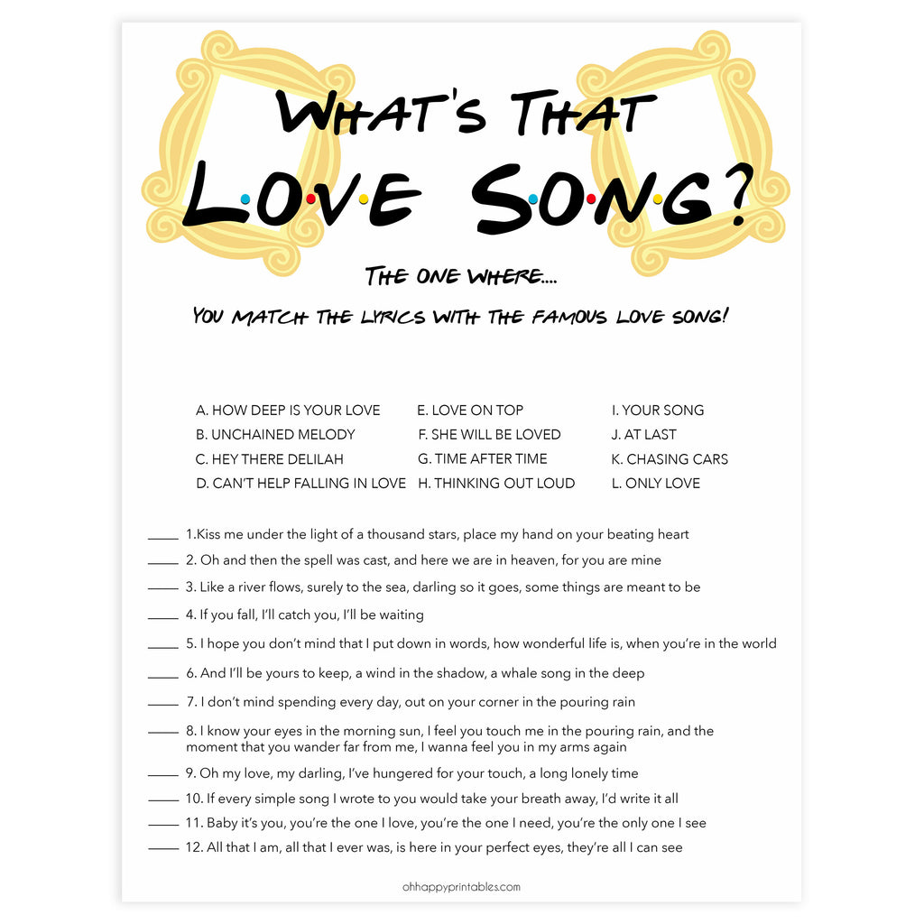 Love Song Bridal Game | Printable Friends Bridal Shower Games ...