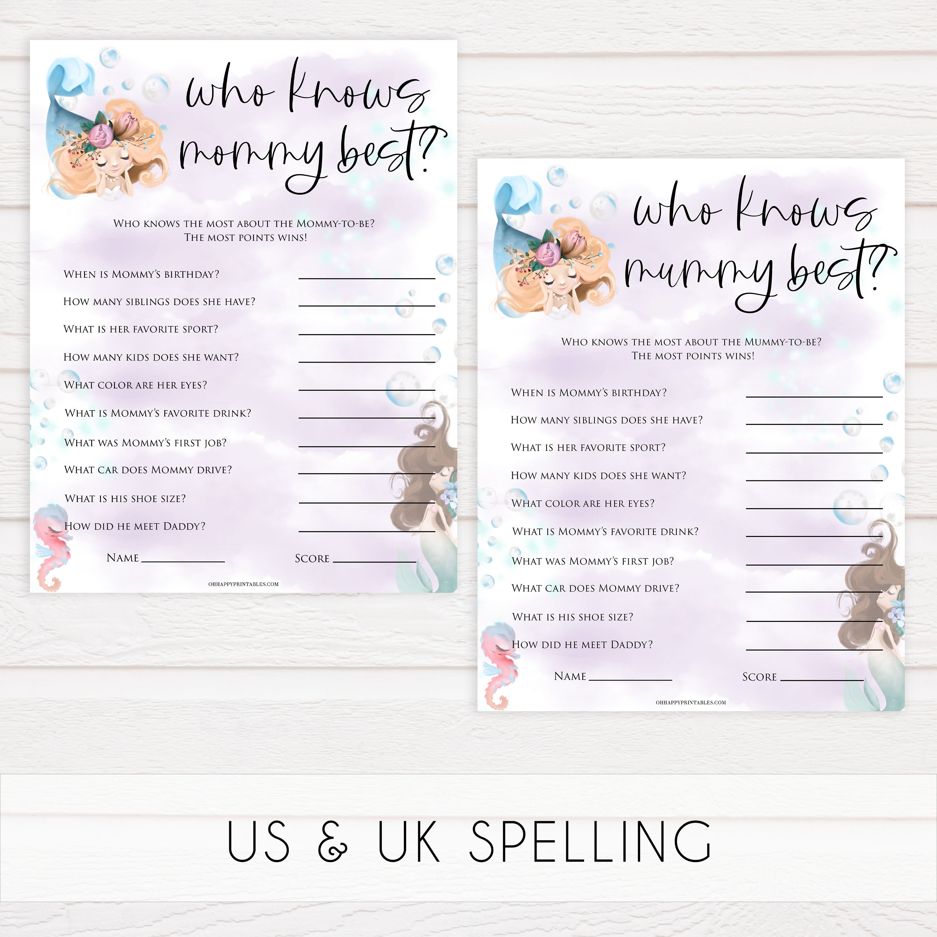 Who Knows Mommy Best - Mermaid Printable Baby Shower Games ...