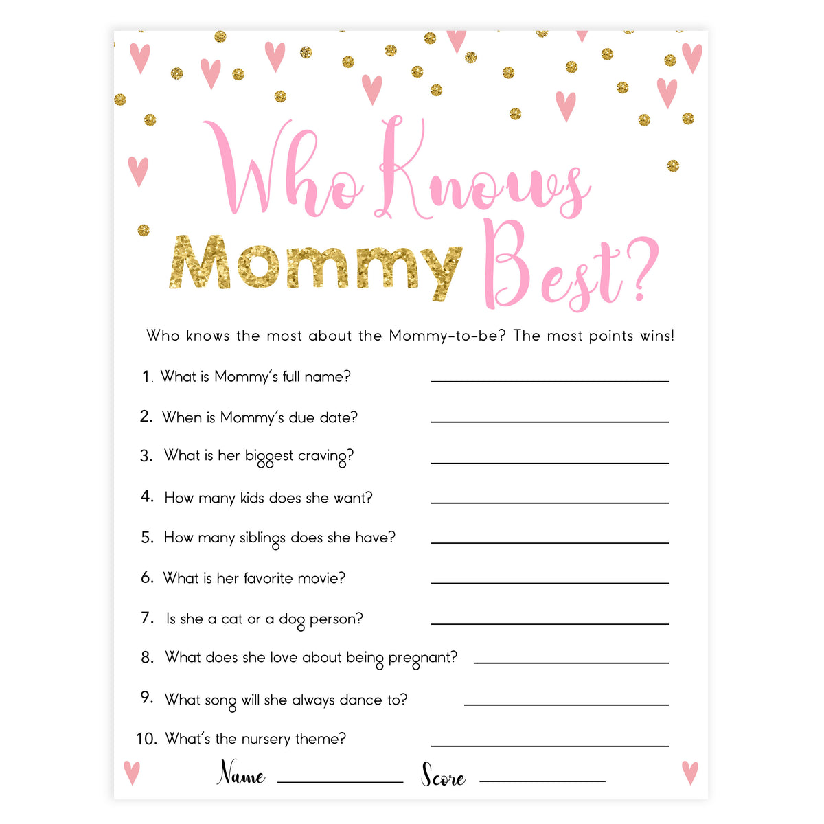 Who Knows Mommy Best Game Pink Hearts Printable Baby Shower Games