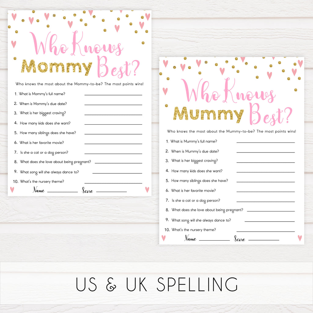 Who Knows Mommy Best Game - Pink Hearts Printable Baby Shower Games ...