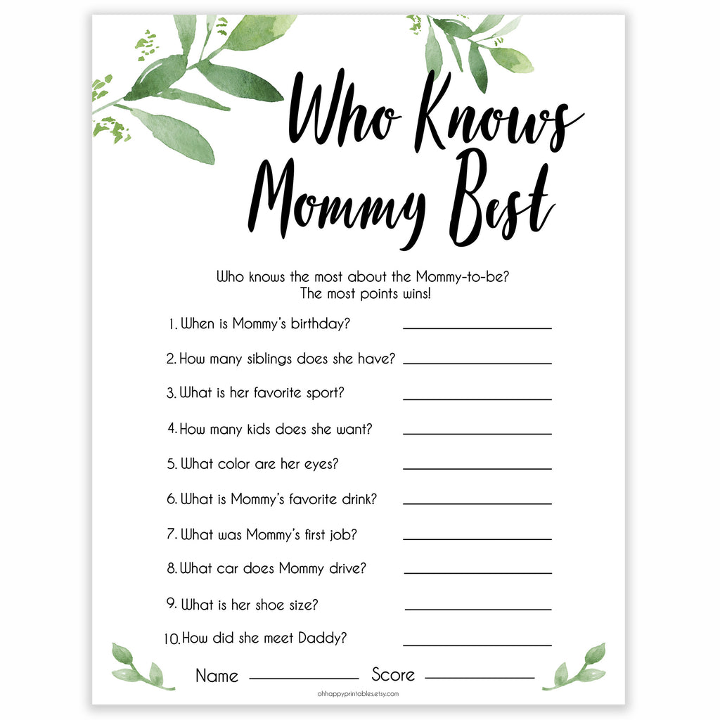 Who Knows Mommy Best Game Botanical Baby Shower Games Ohhappyprintables