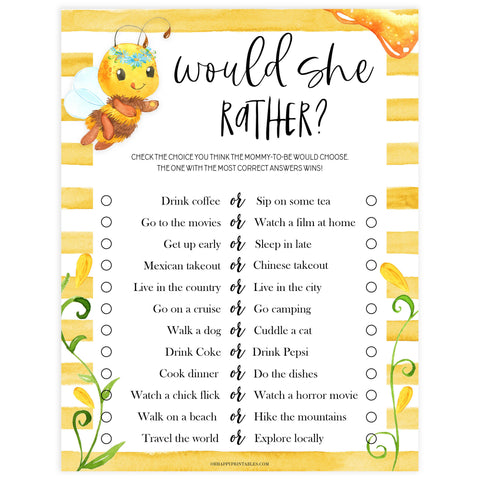 Would She Rather - Printable Mommy To BEE Baby Shower Games ...