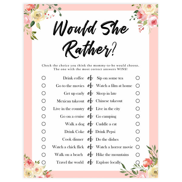 Would She Rather - Printable Spring Floral Baby Shower Games ...