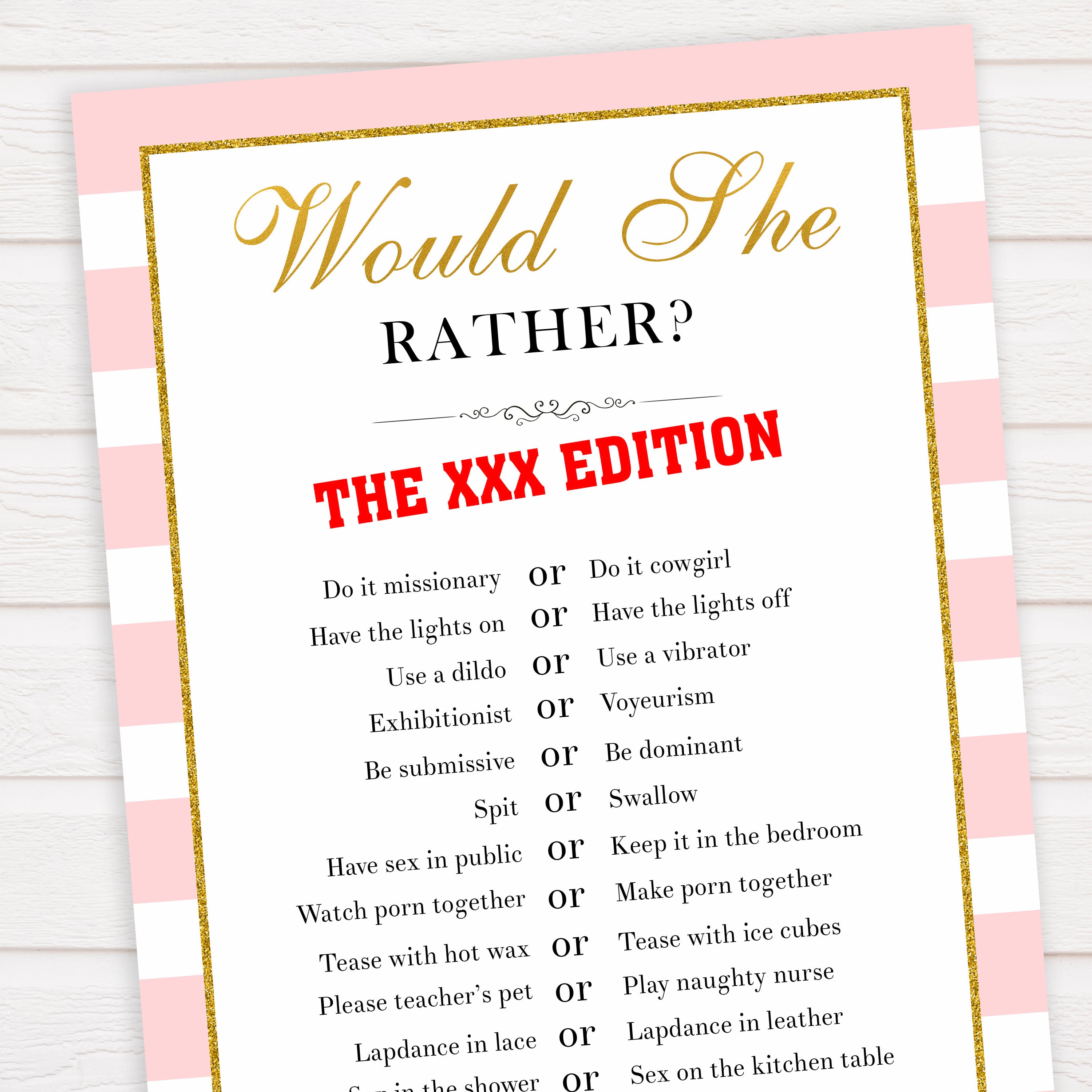 XXX Would She Rather Game | Printable Adult Bachelorette Party Games â€“  OhHappyPrintables