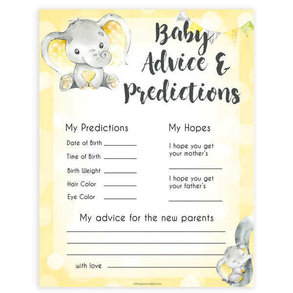 New Baby Advice & Predictions Card - Yellow Elephants ...