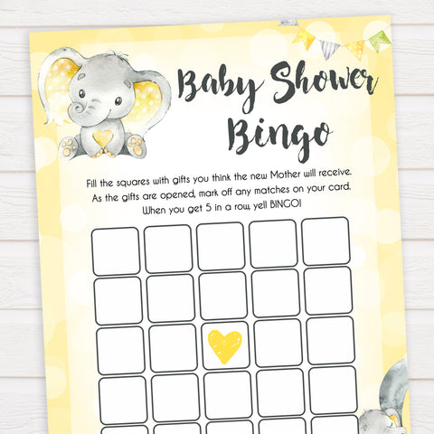 Baby Shower Bingo - Yellow Elephant Printable Baby Games ...