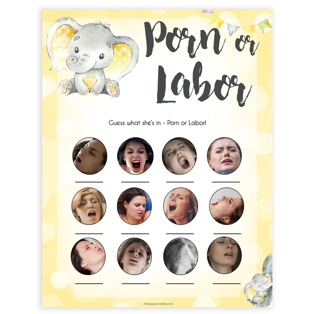 Elephant Porn - Porn or Labour Baby Shower Game - Yellow Elephants Printable ...