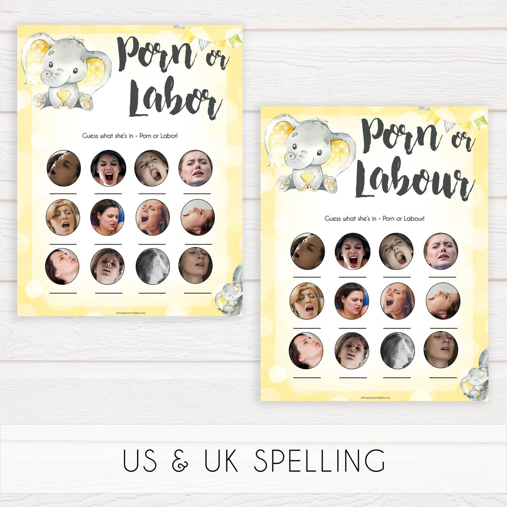 Porn or Labour Baby Shower Game - Yellow Elephants Printable ...