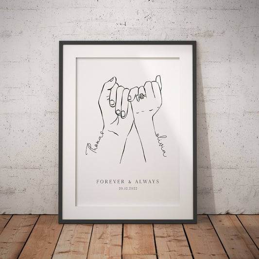 Romantic Holding Hands Outline Drawing Loving Couple On Wood Print