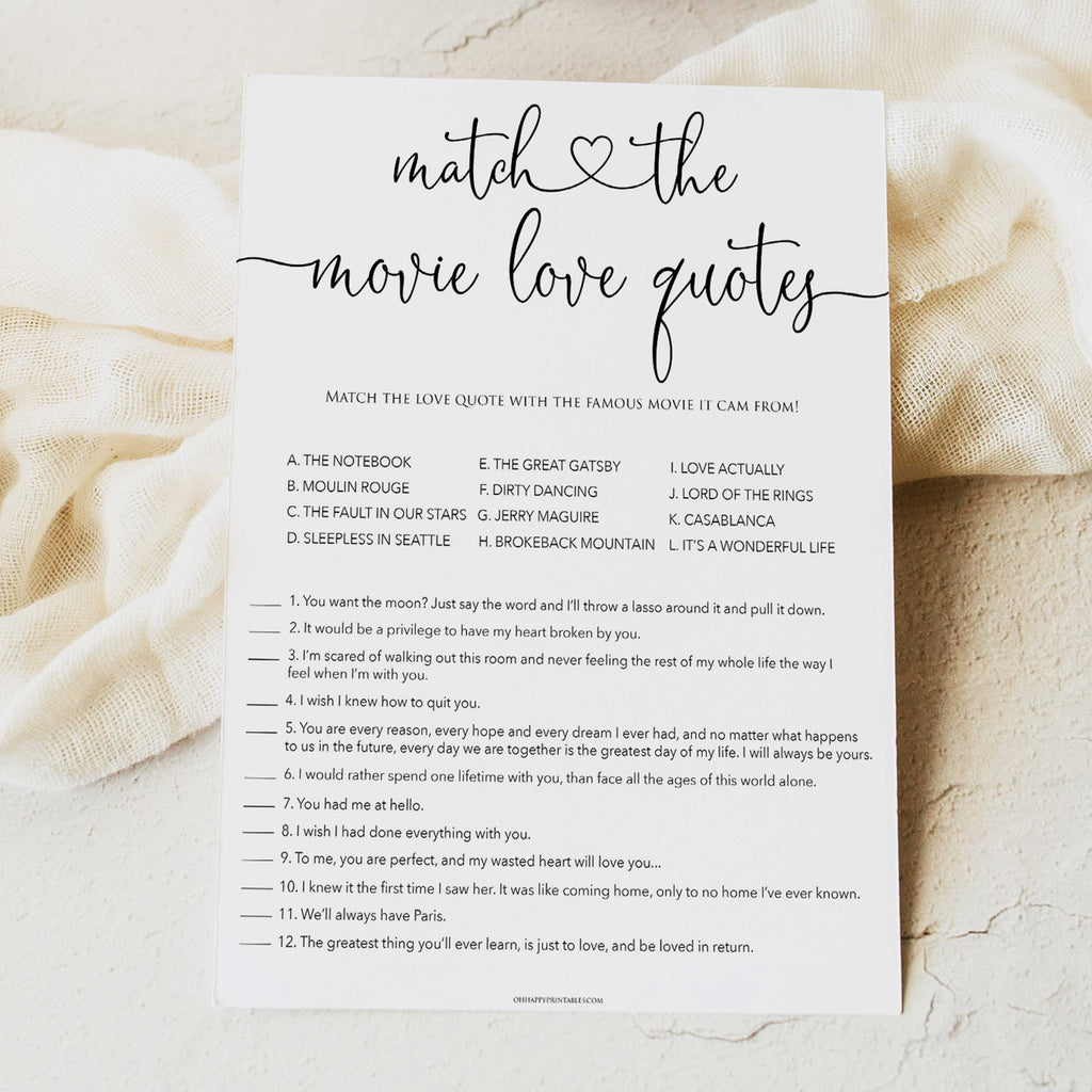 Movie Love Quotes Game Minimalist | Printable Bridal Games ...