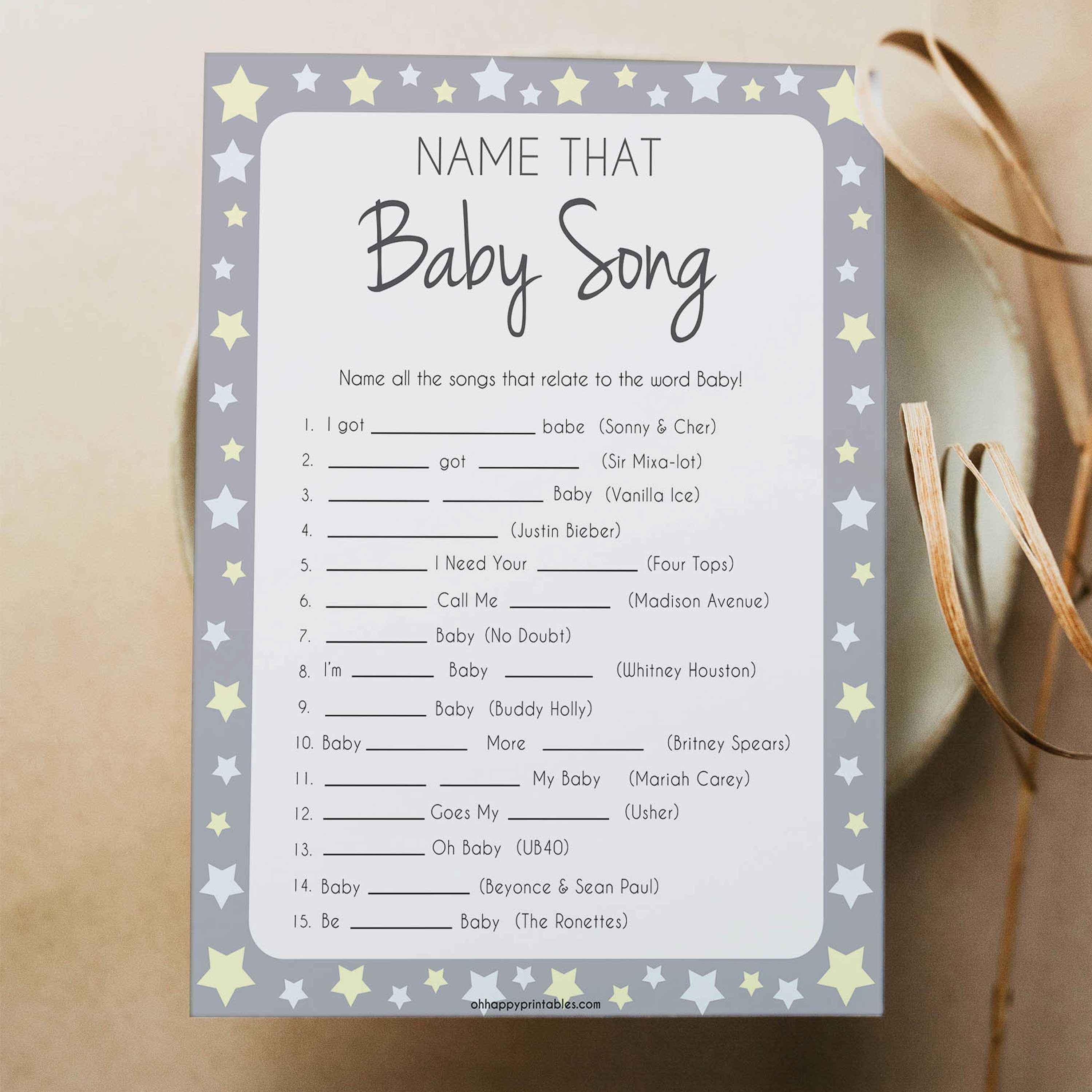Name That Baby Song - Grey & Yellow Stars Printable Baby Shower Games ...