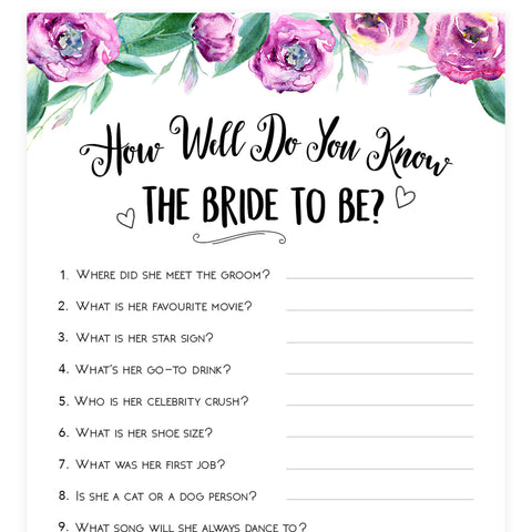 Floral Do you Know the Bride Game | Printable Bridal Shower Games ...