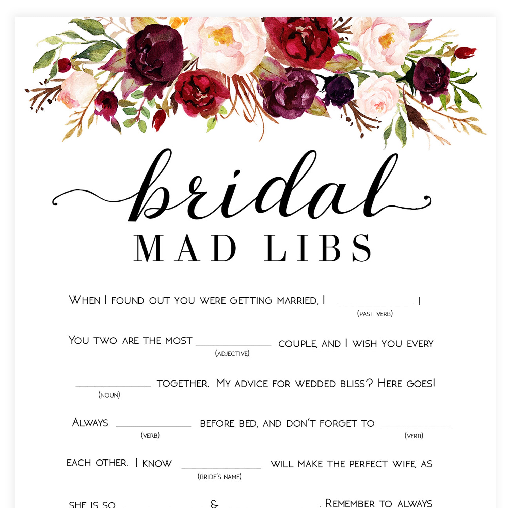 Bridal Mad Libs Printable Game | Shop Funny Bridal Shower Games ...