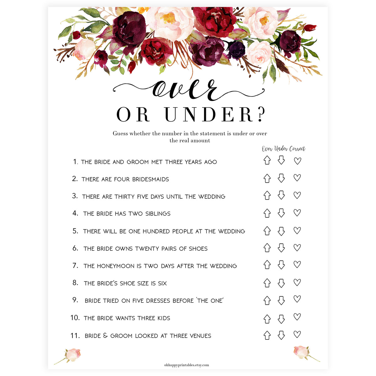 Over or Under Bridal Game | Shop Printable Bridal Shower Games
