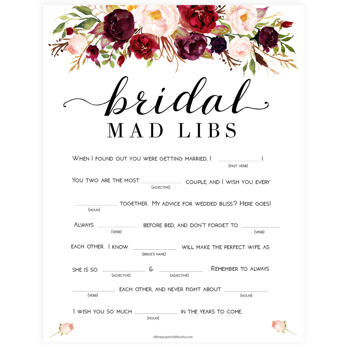 bridal mad libs printable game shop funny bridal shower