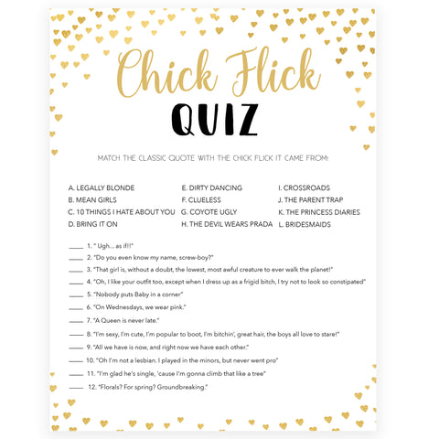 Chick Flick Bridal Quiz | Shop Printable Bachelorette Games ...