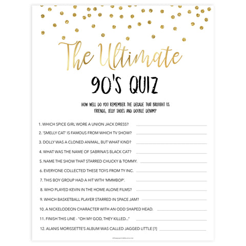 Ultimate 90s Quiz Bachelorette Game | Gold Printable Bridal Games ...