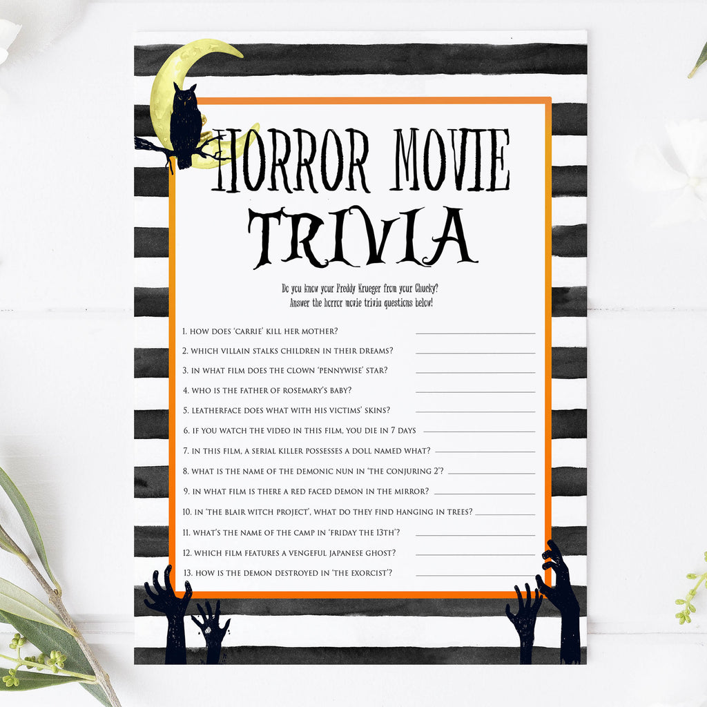 Horror Movie Trivia Halloween Game Printable Halloween Games Ohhappyprintables