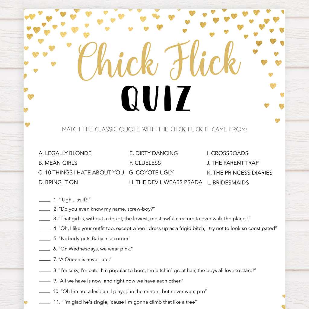Chick Flick Bridal Quiz | Shop Printable Bachelorette Games ...