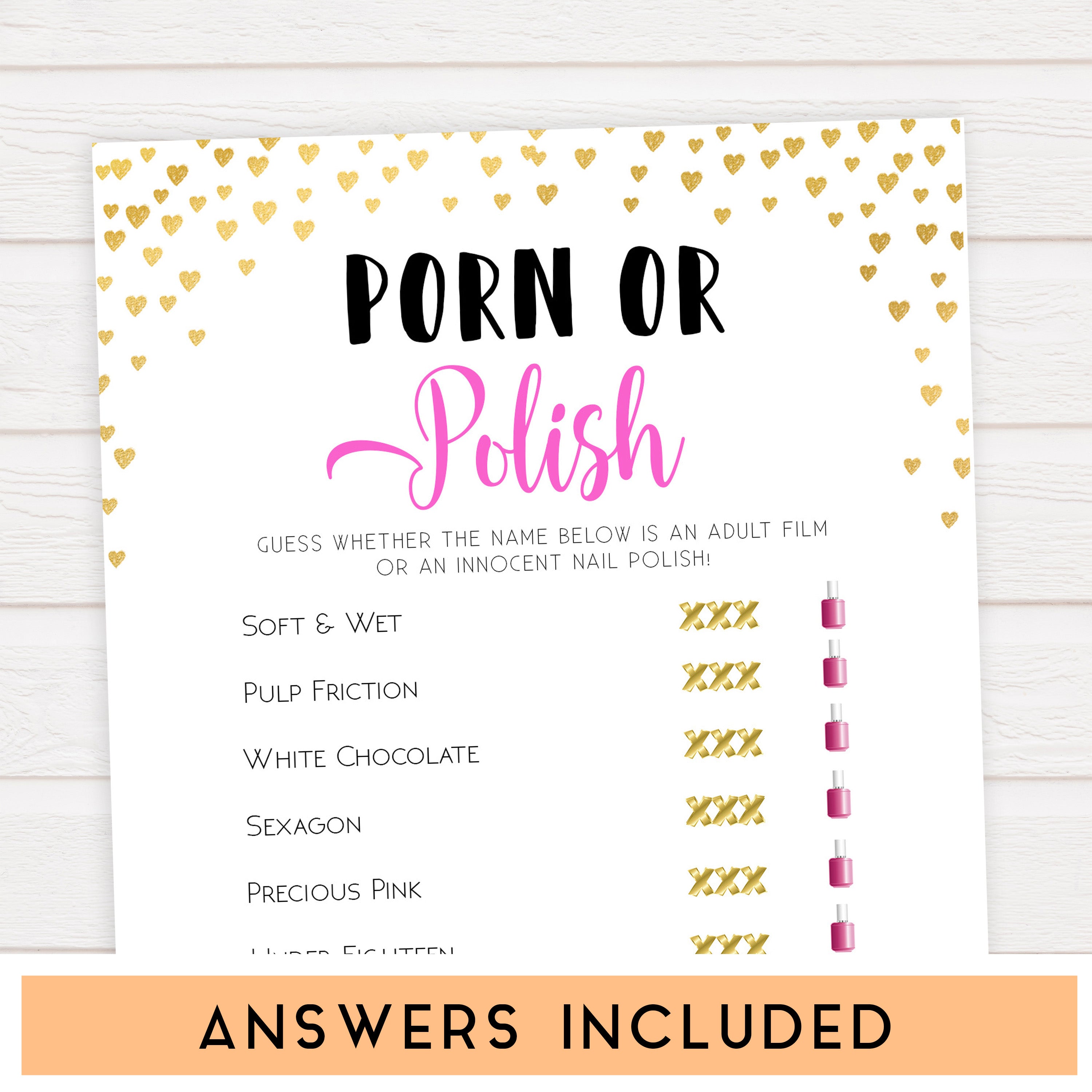 Xxx Party Games - Porn or Polish Bridal Shower Game | Gold Hearts Bridal Game â€“  OhHappyPrintables