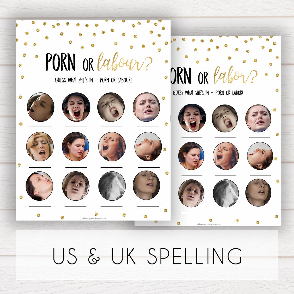 Porn or Labour Baby Shower Game - Gold Confetti | Baby Shower ...