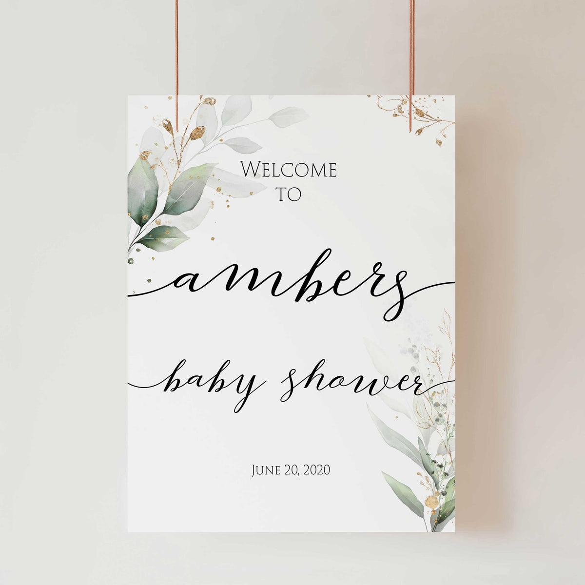 Baby Shower Welcome Sign - Gold & Green Leaf Printable Baby Shower Decor –  Ohhappyprintables