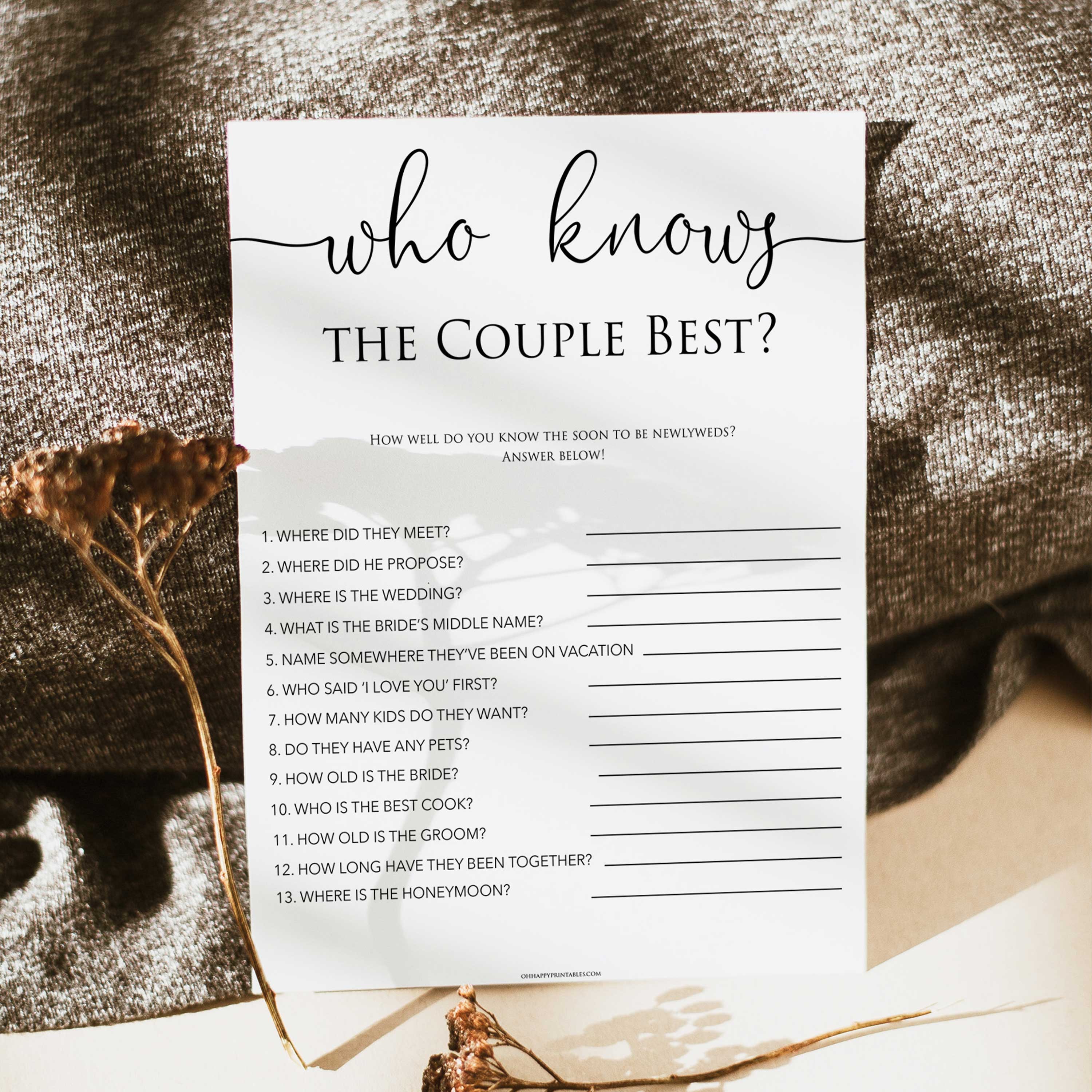 Who Knows the Couple Best Minimalist | Shop Bridal Shower Games ...