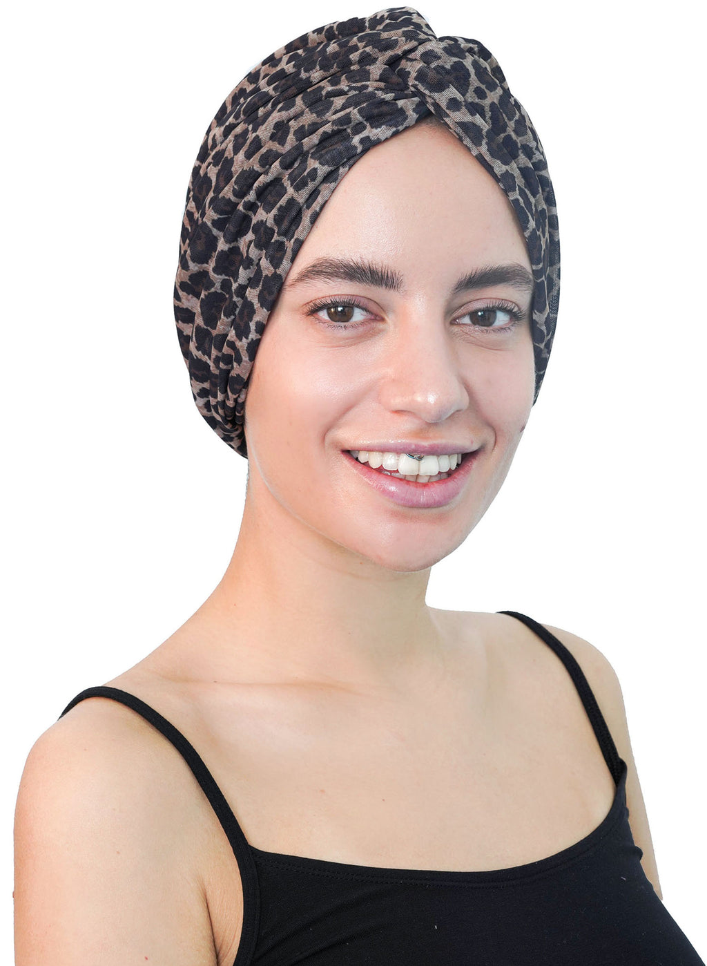 Spitzenstoff, Turban, Tierdruck, verdrehte Vorderseite, Sommer-Kopfbedeckung, neues Design (Braun-Beige)
