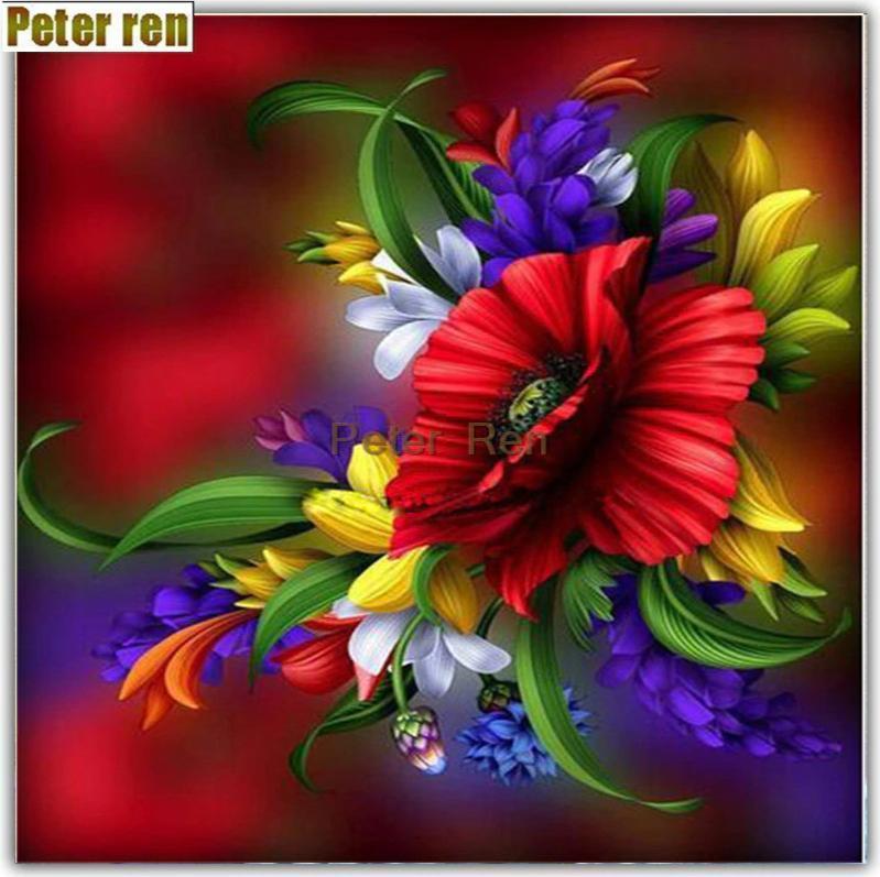 5d Diamond Painting Red Purple Yellow Flowers Kit