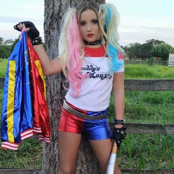 Crianças meninas traje cosplay fantasia arlequina coringa trajes jaqueta  camiseta shorts festa de aniversário com peruca