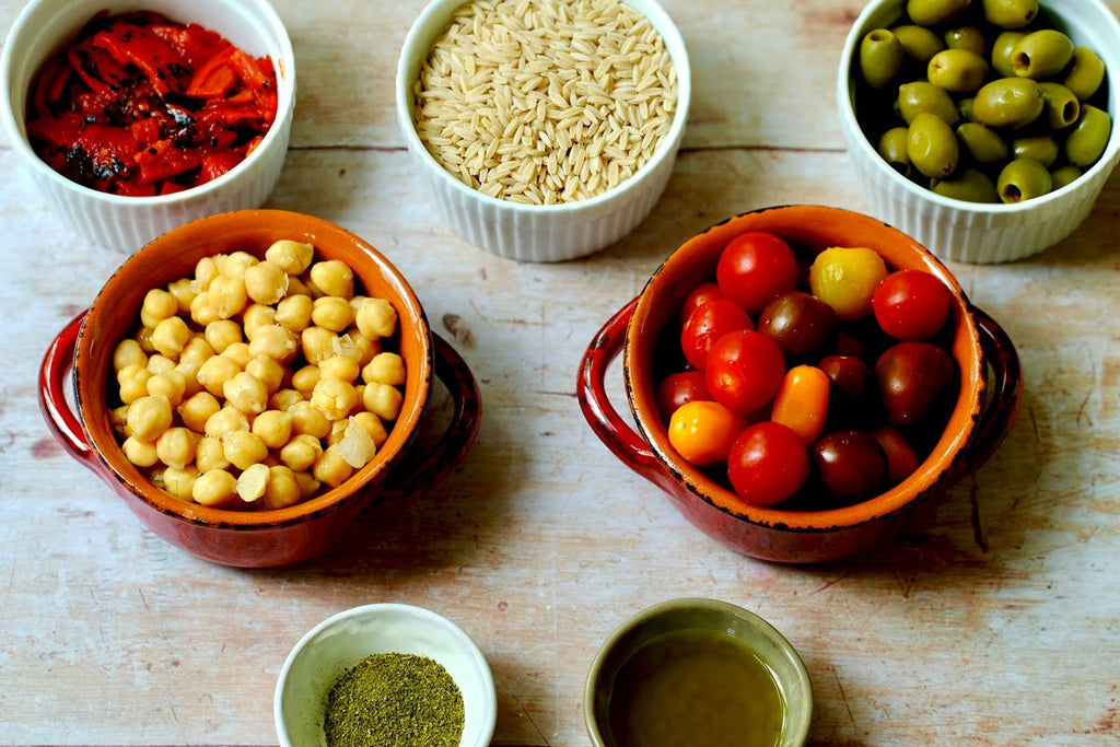 Vegan spelt orzo salad with chickpeas