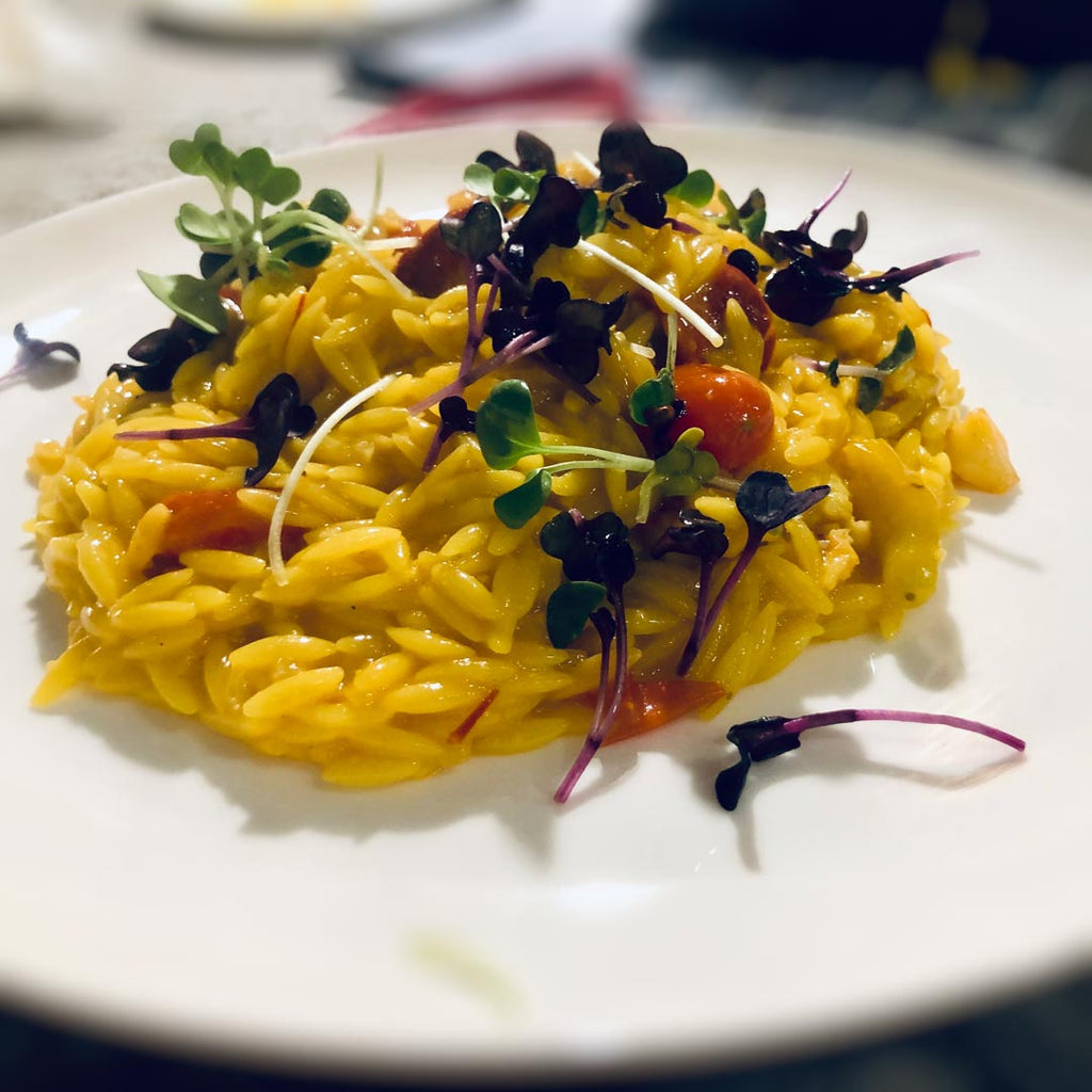 Tangerine flavored lobster kritharoto - orzo