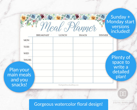 Free Weekly Meal Planner Printable- This gorgeous free printable meal planner is decorate with watercolor florals and is the perfect way to plan your meals for the week! | #mealPlanning #menuPlanning #mealPlanner #freePrintable #DigitalDownloadShop