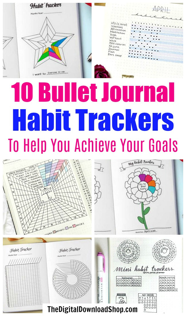 10 Bullet Journal Habit Trackers- If you want to start a good habit or end a bad one, you need a habit tracker! These 10 bullet journal habit trackers are easy to use, and so helpful! | bullet journal habit chart ideas, #bulletJournal #bujo #planner #habitTracker #planning #journal #plannerAddict #printable #goals #habits #resolutions #DigitalDownloadShop