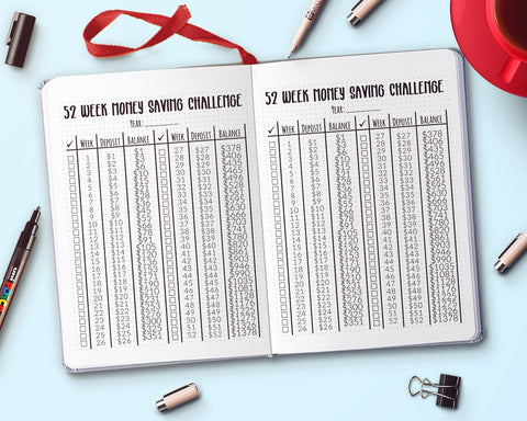52 Week Money Saving Challenge Printable- A bullet journal can help keep you organized and focused on your goals in 2019! But don't waste time drawing out pages. Instead, get these 10 bullet journal printables! | bullet journal ideas, how to make a bullet journal, bujo trackers, 2019 bullet journal, planner printables, frugal living, save money, #bulletJournal #bujo #DigitalDownloadShop
