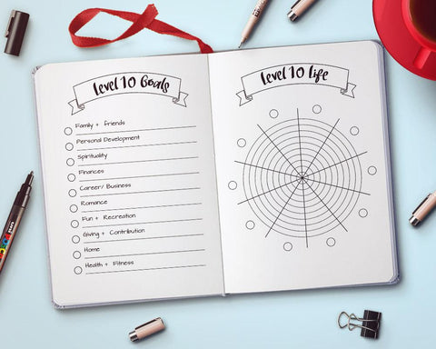 Level 10 Life Printables- A bullet journal can help keep you organized and focused on your goals in 2019! But don't waste time drawing out pages. Instead, get these 10 bullet journal printables! | bullet journal ideas, how to make a bullet journal, bujo trackers, 2019 bullet journal, planner printables, day at a glance, savings trackers, #bulletJournal #bujo #DigitalDownloadShop