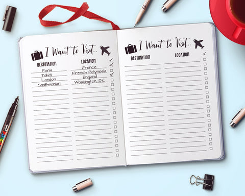 Travel Bucket List Printable- A bullet journal can help keep you organized and focused on your goals in 2019! But don't waste time drawing out pages. Instead, get these 10 bullet journal printables! | bullet journal ideas, how to make a bullet journal, bujo trackers, 2019 bullet journal, planner printables, day at a glance, savings trackers, #bulletJournal #bujo #DigitalDownloadShop