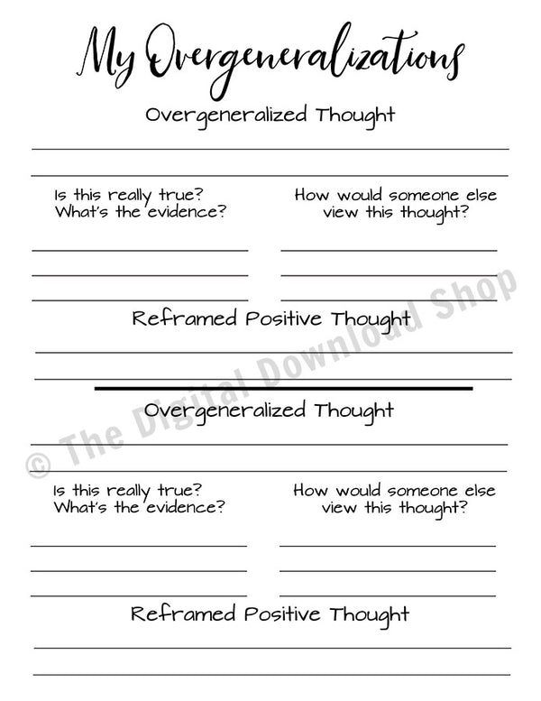 Anxiety Worksheet Printable Overgeneralized Thought Reframing The Digital Download Shop