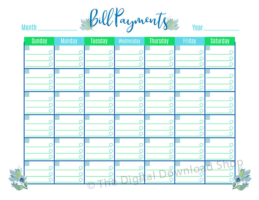 Bill Payments Calendar Printable Floral The Digital Download Shop