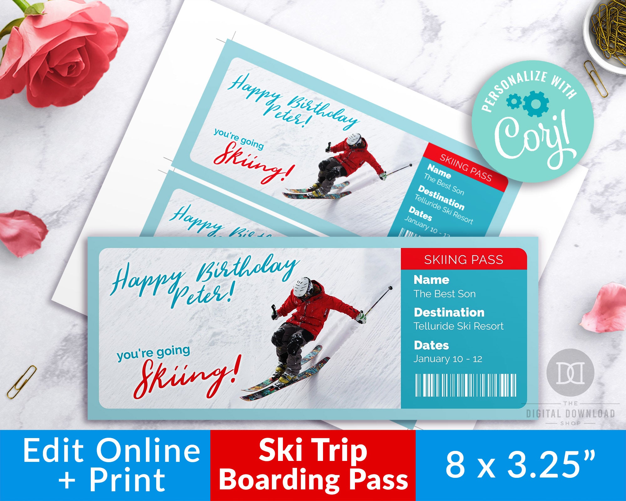 Ski Trip Ticket Template Editable Printable *EDIT ONLINE* The Digital