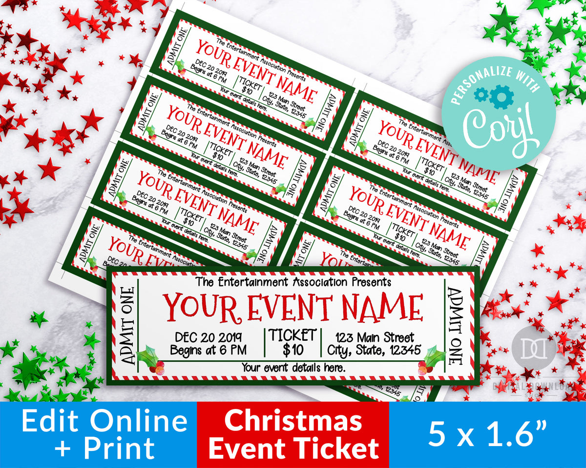 Christmas Event Ticket Template Editable Printable *EDIT ONLINE* The
