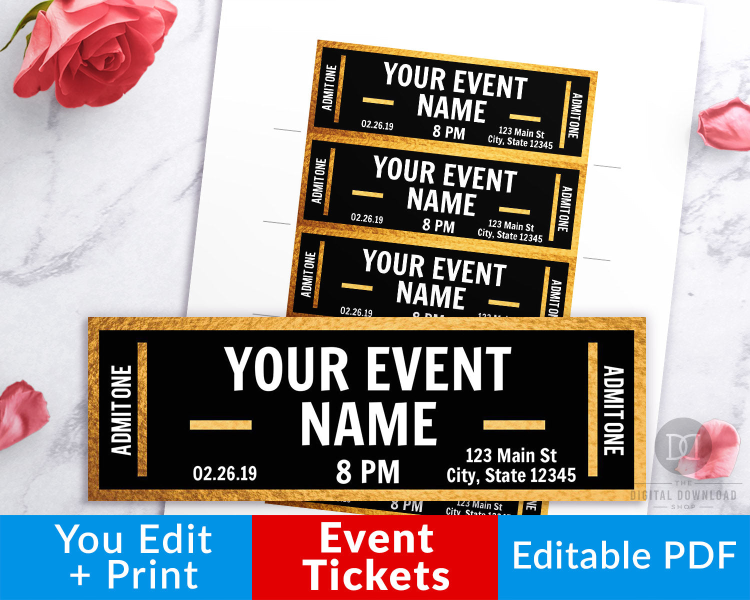 event ticket editable printable gold black the